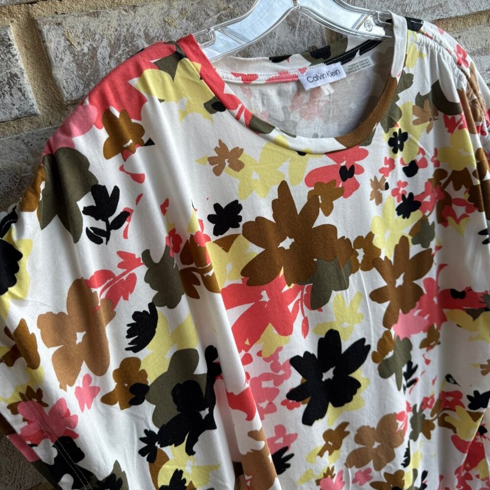 Calvin Klein Tie Short Sleeve Cotton Blend Floral T-Shirt Women's Size L - Picture 6 of 7